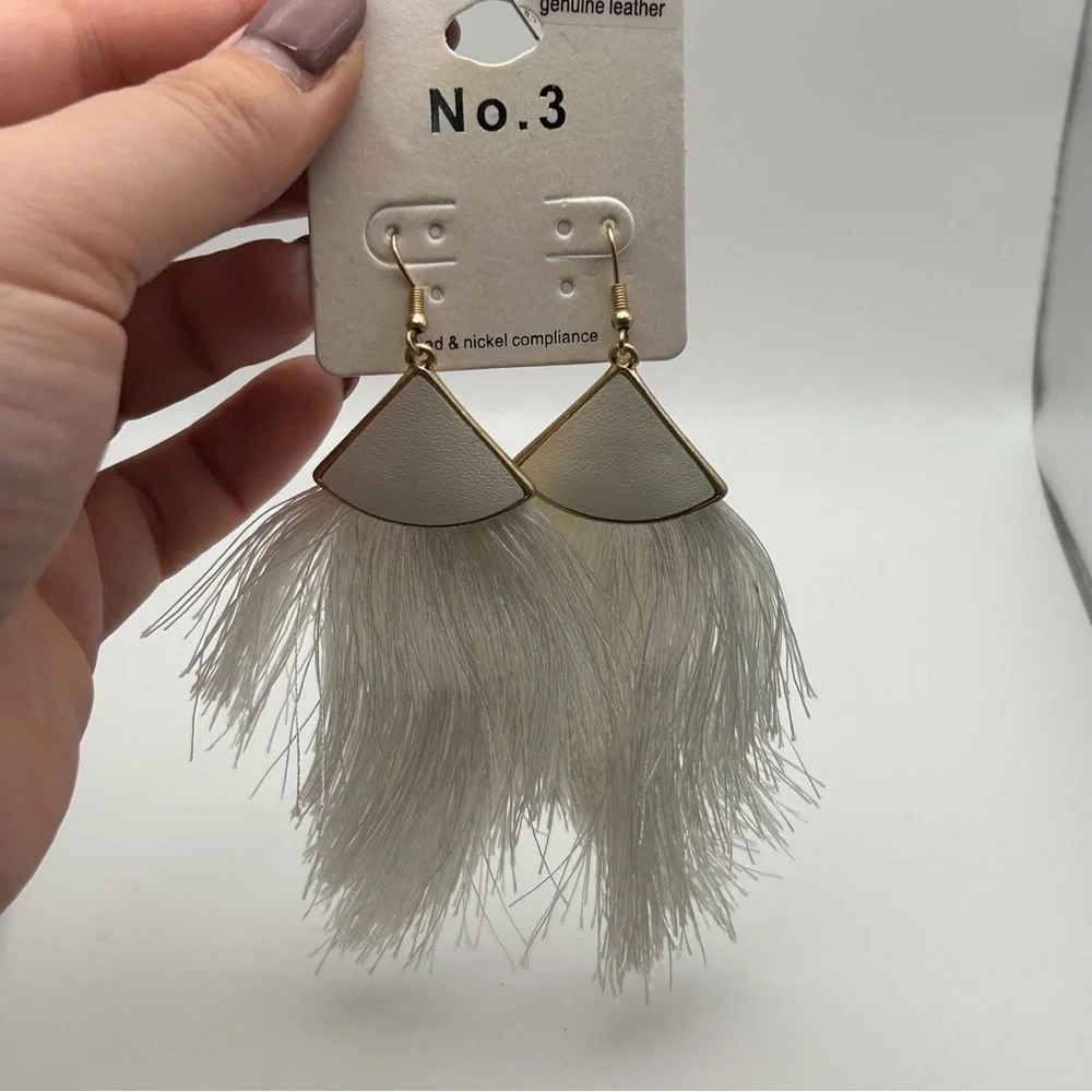 No. 3 White Genuine Leather Dangle Large Tassel Earrings Gold Tone Hook
